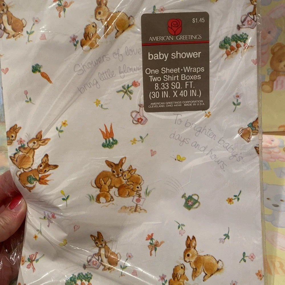 Vintage‎ Gift Wrap Lot Sheet Babies Baby Shower Bunnies Pleasant Thoughts